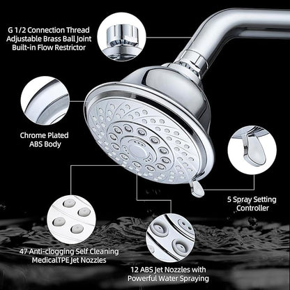 High Pressure Shower Head, 5-Spray Mode Adjustable Showerhead with 4-Inch Round Head, High Flow Handheld Shower for Low Water Pressure, Easy Install & Clean, Round Chrome