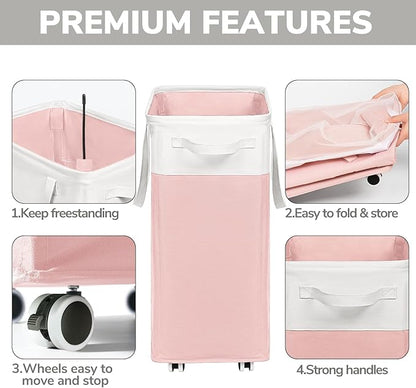 Goodpick Laundry Basket with Wheels 2-Pack, 75L Tall Clothes Hamper, Large Laundry Basket with Removable Wash Bag for Corner Dorm, Rolling Hamper, Pink&White
