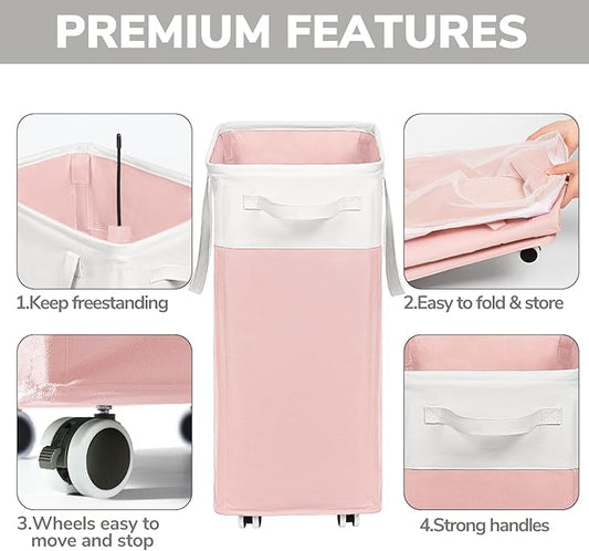 Goodpick Laundry Basket with Wheels 2-Pack, 75L Tall Clothes Hamper, Large Laundry Basket with Removable Wash Bag for Corner Dorm, Rolling Hamper, Pink&White