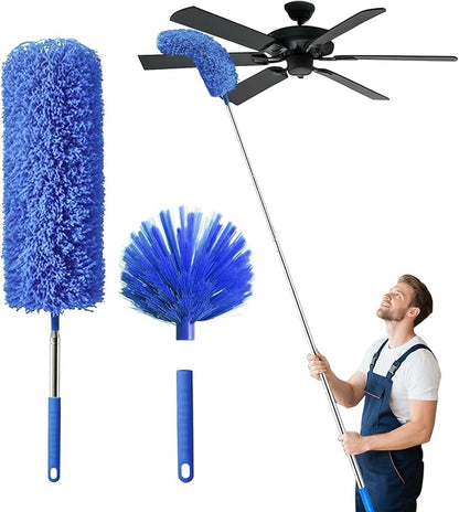 Cobweb Duster with Extension Pole, Washable Cleaning Duster Set with 2 Duster Heads, Spider Web Brush with Pole,high Ceiling Duster with Extension Pole,Cleaning Supplies,Ceiling Fan Cleaner