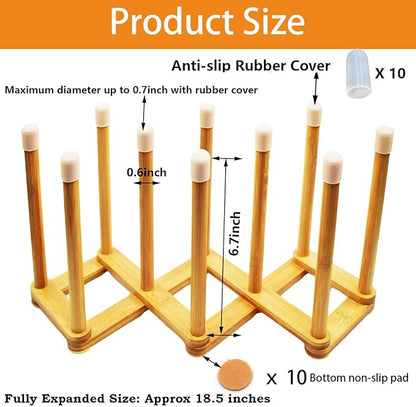 Bamboo Retractable Bottle Drying Rack Cup Dish Drying Racks,Sports Water Bottle and Mug Drainer Stand, Plastic Bag Dryer Rack and Multifunctional Drying Rack for Kitchen Countertop