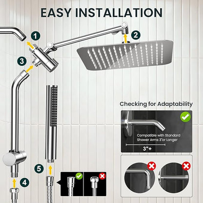 Veken 10" Luxurious Rain Shower Head with Handheld, High Pressure Rainfall Shower Heads wih Extension Arm, Wide Dual Showerhead with Spray Combo, Bathroom Accessories, Chrome, Silver
