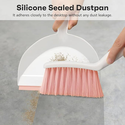 NACENA Handheld Dustpan and Broom Set – Mini Compact Brush Combo for Desktop, Sofa, Car & Kitchen Crumbs Small Cleaning Tool with Stiff Bristles, Pink