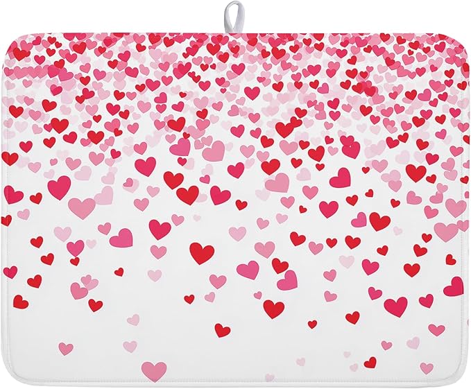 Valentine's Day Dish Drying Mat for Kitchen Counter Love Heart Kitchen Dish Drying Pad 18”x24” Absorbent Reversible Happy Valentine Dishes Drainer Pad Dish Drying Rack Mat for Countertop