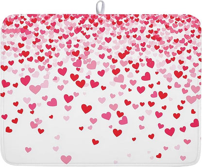 Valentine's Day Dish Drying Mat for Kitchen Counter Love Heart Kitchen Dish Drying Pad 18”x24” Absorbent Reversible Happy Valentine Dishes Drainer Pad Dish Drying Rack Mat for Countertop