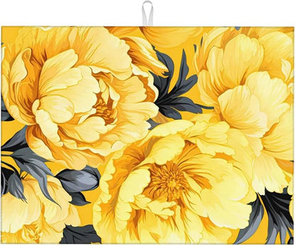 Yellow Peony Dish Drying Mats for Kitchen Counter, Absorbent Reversible Microfiber Dish Drying Pad, Multi-Use Large Drying Mat Coffee Bar Accessories 18"x24"