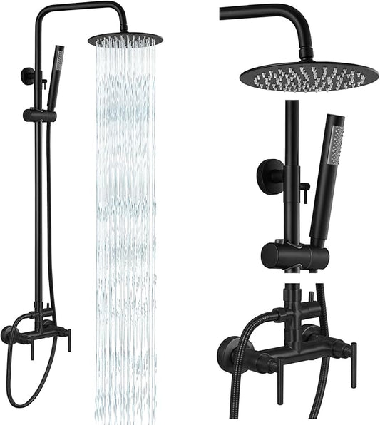 gotonovo Outdoor Shower Fixtures SUS304 Stainless Steel Rain Shower Kit Faucet High Pressure Wall Mount 2 Dual Function 8 Inch Showerhead and Handheld Spray Combo, Double Lever Handle, Matte Black