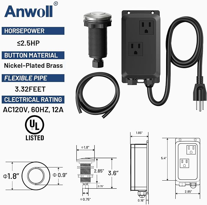 Garbage Disposal Air Switch Kit -Professional- Dual Outlet, Sink Top Waste Disposer On/Off, Garbage Disposal Button, Brass Made Cover, UL Listed (Brushed Nickel, Long/3.6")