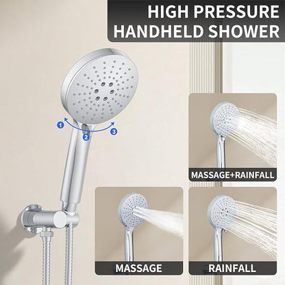 KOJOX Shower Set - Polished Chrome High Pressure Shower Head System- 3 Setting Headheld Shower Head Fixtures- Valve Included