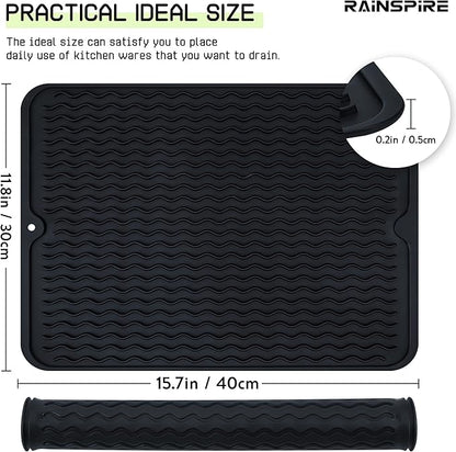 Rainspire Dish Drying Mats For Kitchen Counter, Silicone Dish Mat Drying Kitchen Mat, Food Grade Silicone Sink Drying Mat, Quick Dry Slip Resistant Kitchen Mats, 16x12inch, Black