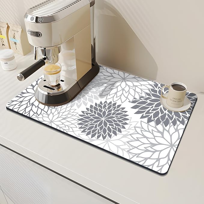 Findosom 2PCS 17" x 32" Dish Drying Mat & 24" x 5.5" Sink Splash Guard, Super Absorbent & Cuttable Dish Mat Drying Kitchen Mat with Gray Floral, Hide Stain Drying Mat for Kitchen Counter
