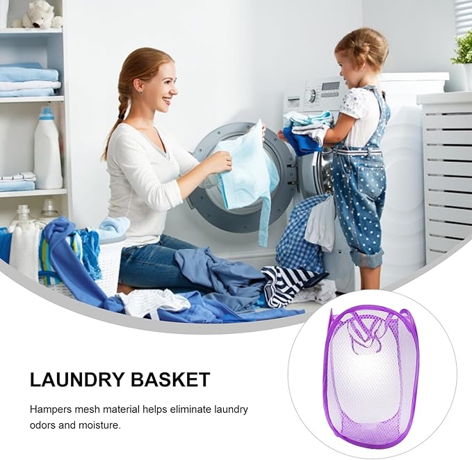 Foldable Pop-up Mesh Laundry Hamper with Handles Purple Breathable Clothes Basket for College Dorm Small Apartment Camping Storage Organizer