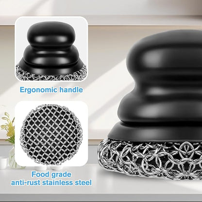 Onewly Cast Iron Scrubber (1Pack Black Coarse Mesh + 1Pack Black Fine Mesh) and and Scraper, Chain Mail Scrubber for Cleaning Stock Pots, Pans, Griddles, Grills, Cast Iron Skillets, Dish Scouring Pads
