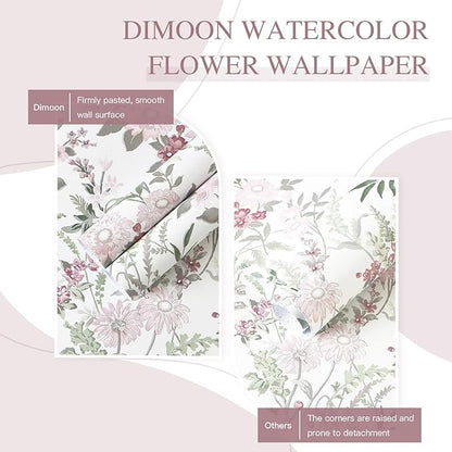 Dimoon 385"x17.3" Vintage Wallpaper Floral Peel and Stick Wallpaper Boho Contact Paper White Pink Green Cute Flower Removable Wall Paper Renter Friendly Kitchen Shelf Bathroom Self Adhesive Vinyl Roll