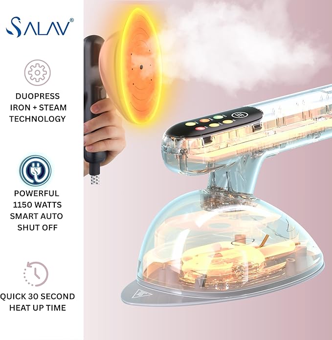 SALAV DuoPress Smart Deluxe Steam Station, Garment Steamer & Iron, 6ft Extra-Long Hose, Auto-Off Safety, Digital Display, 7 Steam Levels, 1.1L Water Tank, Dry Iron Mode & Steam Burst