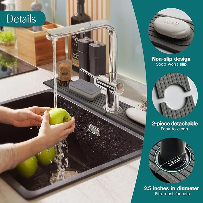 eormoe Kitchen Sink Splash Guard – Stone Diatomite Faucet Drying Matt, Modern Kitchen Sink Accessories for Counter (Dark Grey, 23.6"x3.9")