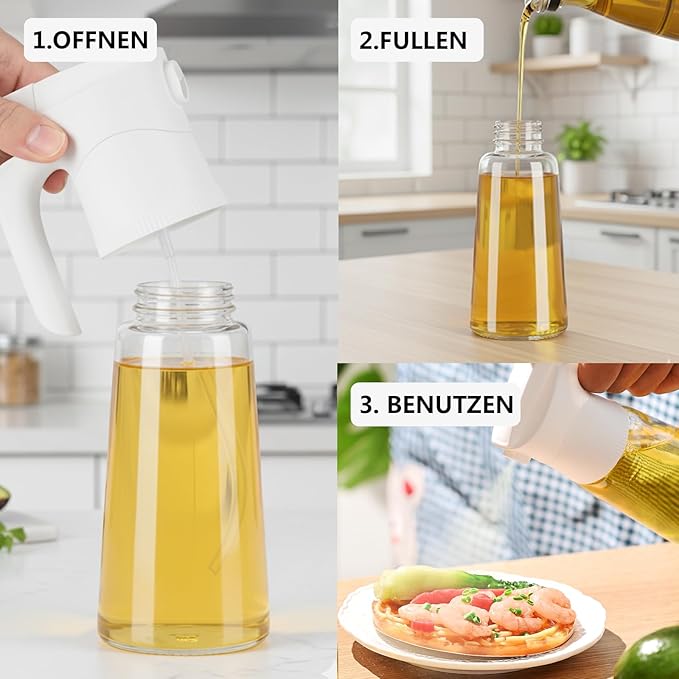 NYXVAULT，A 300ml glass olive oil spray bottle, with precise dosage control, works as a practical kitchen，air fryer tool for salads, frying, grilling (White)