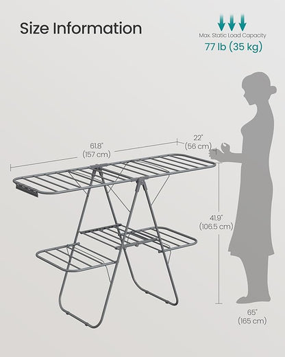 SONGMICS Clothes Drying Rack, Foldable 2-Level Laundry Drying Rack, Free-Standing Laundry Airer, with Height-Adjustable Wings, 33 Drying Rails, Sock Clips, Gray ULLR053G02V1