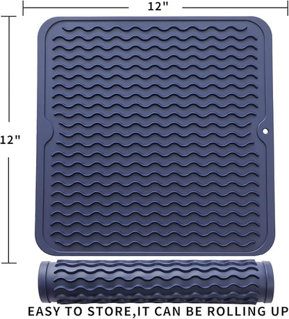 MicoYang Silicone Dish Drying Mat for Multiple Usage,Easy clean,Eco-friendly,Heat-resistant Silicone Mat for Kitchen Counter or Sink,Refrigerator or Drawer liner Navy Blue M 12 inches x 12 inches