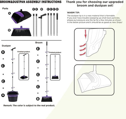 Broom and Dustpan Set, Upright Purple Broom with Dustpan Combo Set 51" Long Handle, Self Cleaning Dust Pan for Home, Kitchen and Office