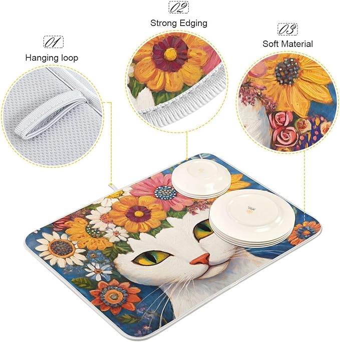 White Cat Colorful Flowers Pattern Dish Drying Mat for Kitchen Counter Super Absorbent Drying Mat 16x18 inch Large Dish Drying Matts for Countertop Protector Dishes Pad