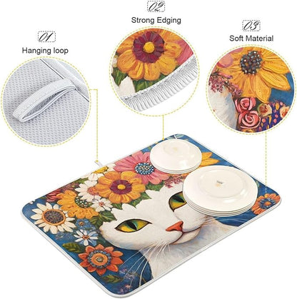 White Cat Colorful Flowers Pattern Dish Drying Mat for Kitchen Counter Super Absorbent Drying Mat 16x18 inch Large Dish Drying Matts for Countertop Protector Dishes Pad