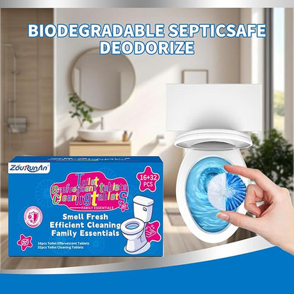 2-in-1 Toilet Cleaning Tablets (48 Pack) - 16 Effervescent Toilet Bowl Stain Remover and 32 Blue White Toilet Tank Cleaner Tablets - Limescale Removal for Septic System
