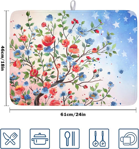 4th of July Dish Drying Mat 24x18 Inch, Patriotic Drying Mat with Absorbent Reversible Microfiber, Independence Day Dish Drainer Mats Memorial Day Rack Pad for Coffee Countertop Kitchen Protector