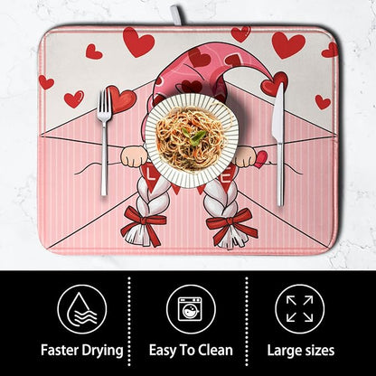 Valentine's Day Love Letter Dish Drying Mat for Kitchen Counter, Love Letter Gnome Absorbent Dish Pad Large Dish Drainer Mats for Countertop 18x24 Inch
