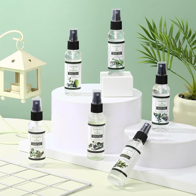 Frienda 6 Pack Eucalyptus Shower Spray with Essential Oils Portable Travel Eucalyptus Blends Mist Spray for Spa and Sauna Steam Room Aromatherapy for Women Teacher Staff Employee Thank You Gifts 2oz