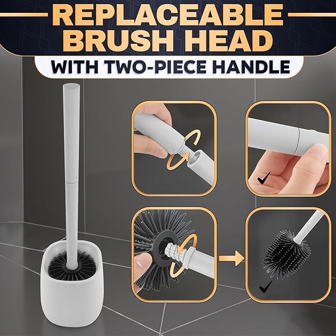Toilet Brush and Holder Set - Silicone Toilet Bowl Brush with White Holder Base, Compact Bath Accessory for Small Spaces - Easy to Place and Simple to Store After Use, Plastic Bathroom Cleaning Tool