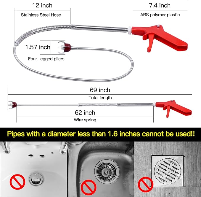 69" Toilet Auger Grabber Tool, Flexible Grabber Unclogging Tool, Four Jaw Pickup, Stainless Steel Telescoping Pole, Toilet Snake for Grabbing Objects Blocked in Toilet Pipes/Drains
