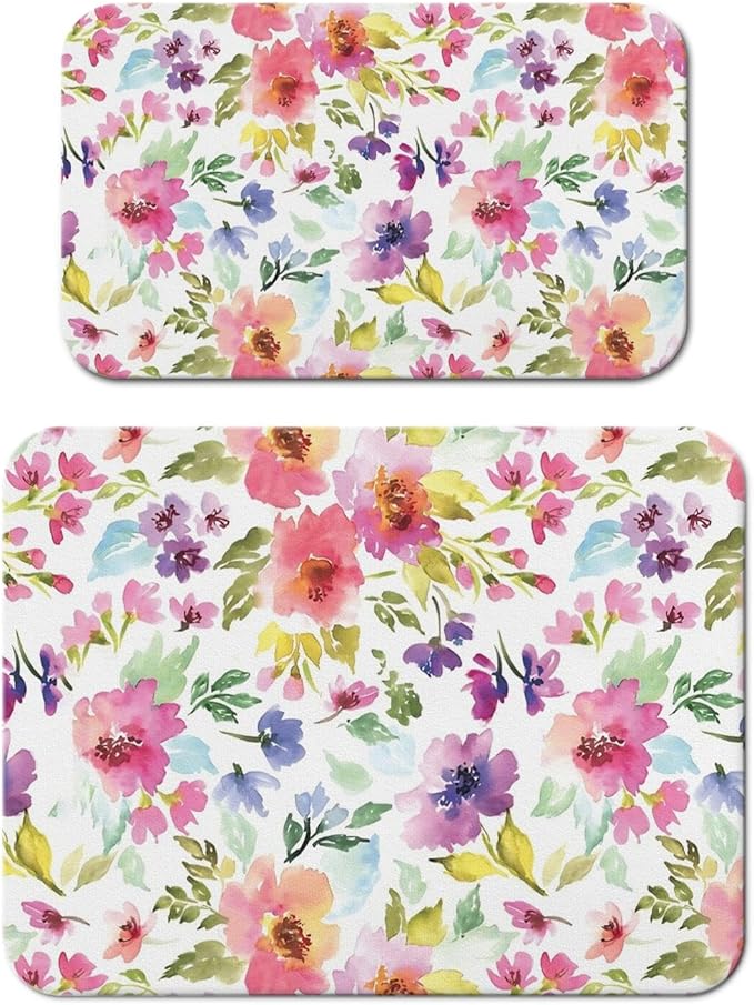 Dish Drying Mat for Kitchen Counter 2 Pack with Non-Slip Rubber Backing - Heat-Resistant Absorbent Coffee Bar Mat, Dish Rack Mat, Watercolor Flower Dish Drying Mats 18x24+19.5x12 inch