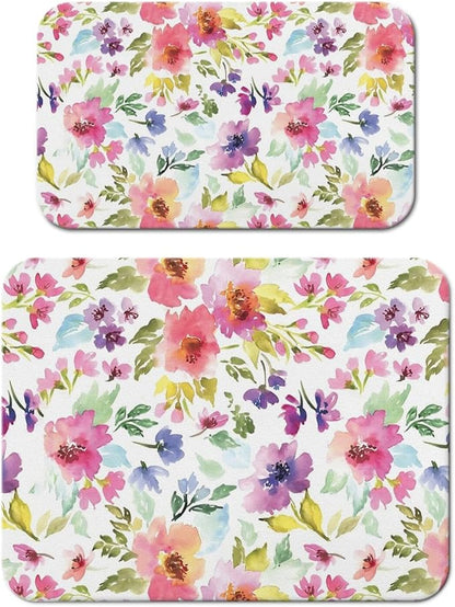 Dish Drying Mat for Kitchen Counter 2 Pack with Non-Slip Rubber Backing - Heat-Resistant Absorbent Coffee Bar Mat, Dish Rack Mat, Watercolor Flower Dish Drying Mats 18x24+19.5x12 inch