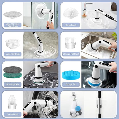 IEZFIX Electric Spin Scrubber, Bathroom Cleaning Brush, Shower Scrubber with Long Handle Adjustable, Cordless Cleaner Brush for Bathtub Kitchen Wall Household Cleaning Helper
