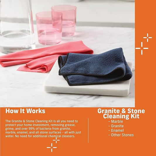E-Cloth Granite & Stone Cleaning Kit, Premium Microfiber Cleaning Cloth, Ideal Cleaner and Polish for Granite, Marble and Other Stone Countertops, 100 Wash Guarantee, 2 Cloth Set
