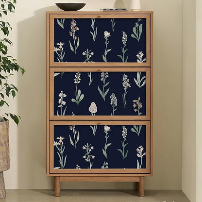 Wudnaye Dark Blue Peel and Stick Wallpaper Dark Floral Contact Paper 16.9in×118.1in Self Adhesive Flower and Leaf Contact Paper Blue Wallpaper White Vintage Removable Waterproof for Bathroom Room Wall
