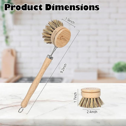 Bamboo Dish Scrubber with Handle - Hard Bristle, Natural Kitchen Brush, Sustainable & Biodegradable, Bamboo Brush for Dishes, Pans and Pots