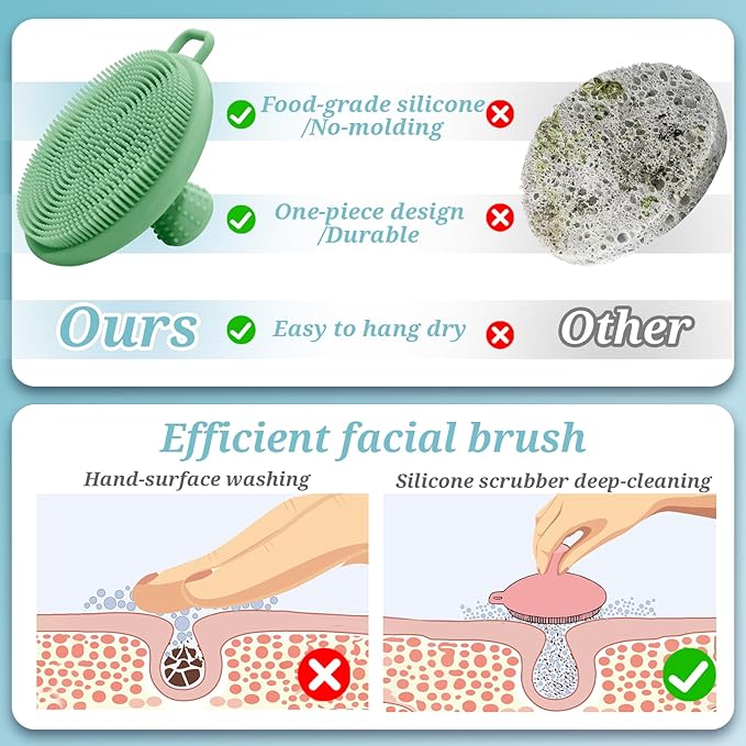Silicone Back/Face Scrubber & Soft Bath Glove 3PCS, 16''- 24'' Extendable Shower Back Scrubber, 360° Anti-Slip & Hand-fit Silicone Body Scrubber, Manual Face Brush for All-round Cleaning(Green)