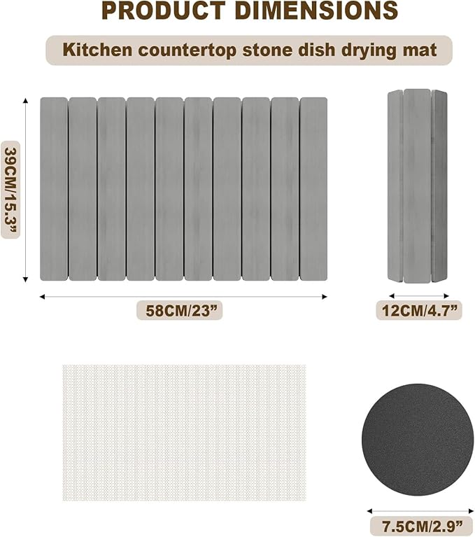 Dayacoco Stone Drying Mat for Kitchen Counter, Large Quick Dry Stone Mat, Collapsible Diatomaceous Earth Mats for Dishes Bottles Cups, Fits Any Countertop,23"×15.3",Dark Gray