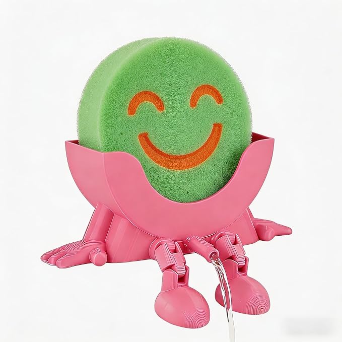 Cute Hanging Sponge Holder, Drainable Kitchen Sink Organizer, Scrub Sponge Stand Storage Rack with Smiley Design, Sink Accessories (Pink)