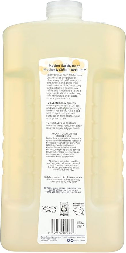 ECOS Non-Toxic All-Purpose Cleaner, Orange, 1 Small and 1 Large 80 oz Bottles by Earth Friendly Products