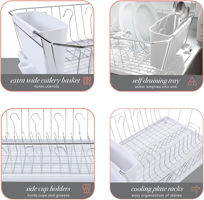 Kitchen Details 3 Piece Dish Rack | Drying Rack, Cutlery Basket & Drainboard Tray | Countertop | Self Draining | Open Wire Design | Chrome | White