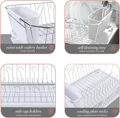 Kitchen Details 3 Piece Dish Rack | Drying Rack, Cutlery Basket & Drainboard Tray | Countertop | Self Draining | Open Wire Design | Chrome | White