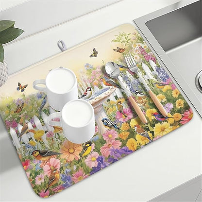 Spring Summer Floral Birds Dish Drying Mat for Kitchen Counter Colorful Garden Pattern Drying Mat 18x24 Inch Rustic Farmhouse Absorbent Dish Drainer Mat Kitchen Accessories