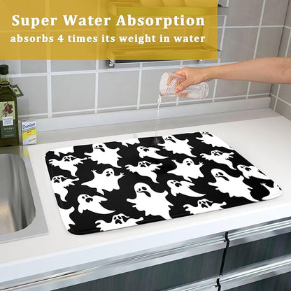 Halloween Bat Ghosts Dish Drying Mat for Kitchen Counter,Halloween Spooky Ghost Black and White Drying Mat 18 x 24 Inch Microfiber Dish Drying Pad Dish Rack Pad Drainer Mat for Coffee Bar