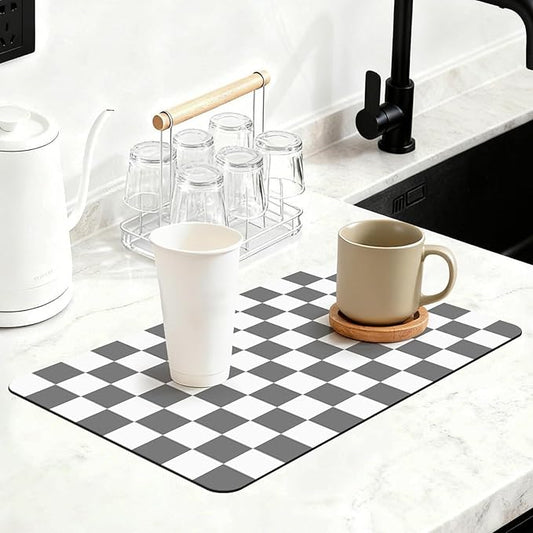 12" x 20" Checkered Dish Drying Mat for Kitchen Counter, Absorbent Coffee Bar Mat for Espresso Machine Coffee Countertops Accessories (Grey)