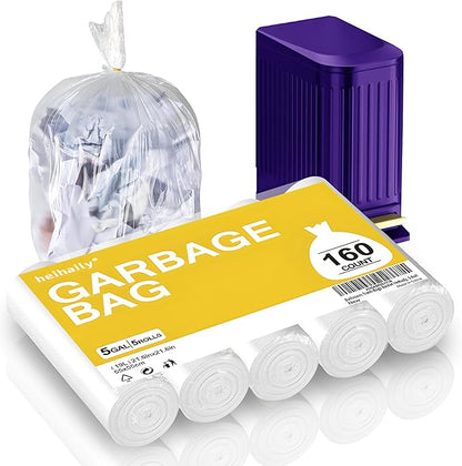 Bathroom Trash-Bags 5-Gallon Garbage Bag - Strong Unscented Clear White Plastic Unscented 160 Counts Disposable Can Liners for Restroom Kitchen Car Waste Basket Heihaily, 5 Roll