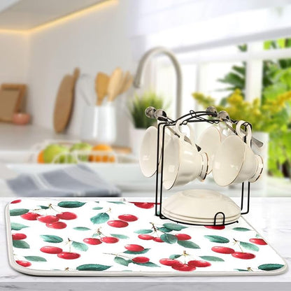 Red Cherry Leaves Dish Drying Mat for Kitchen Counter Absorbent Microfiber Drying Pad, Medium 16x18 in