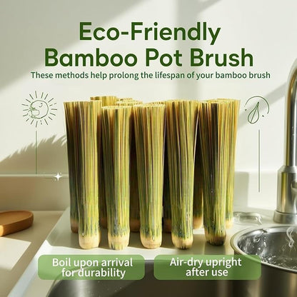 2-Pack Natural Bamboo Cleaning Brush Set Heavy Duty Wok Scrubber for Cast Iron Pans, BBQ Grills & Pots Stubborn Stain Remover, Kitchen Scrub Brush